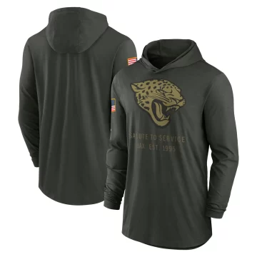 Men's Jacksonville Jaguars Green Forest 2025 Salute to Service Sideline Lightweight Long Sleeve Hooded Pullover T-Shirt