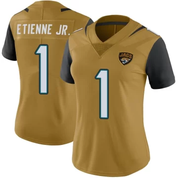 Women's Jacksonville Jaguars ＃1 Travis Etienne Jr. Gold Limited Color Rush Vapor Untouchable Jersey