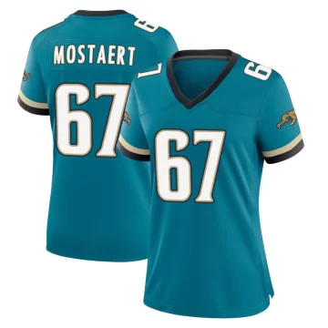 Women's Jacksonville Jaguars ＃67 Eli Mostaert Teal Game Prowler Throwback Jersey